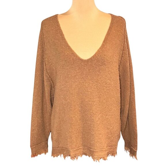 Free People Oversized Wool Sweater Sz.S Tan Camel Fringe Boho Minimalist Cozy - Picture 2 of 12